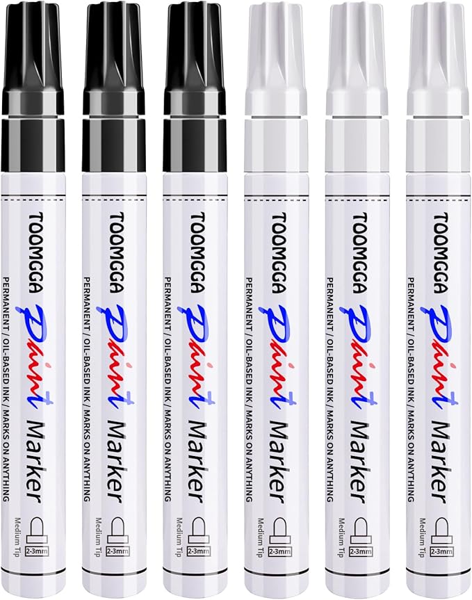 White and Black Permanent Markers Paint Pens - 6 Pack Oil Based Paint Markers, Medium Tip, Quick Drying Pens for Wood, Metal, Rock Painting, Mugs, Canvas, Clothes, Plastic Marking