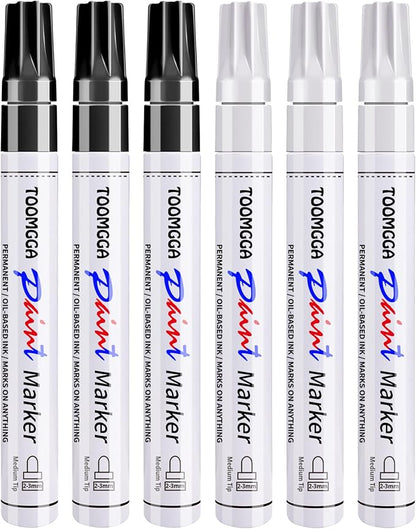 White and Black Permanent Markers Paint Pens - 6 Pack Oil Based Paint Markers, Medium Tip, Quick Drying Pens for Wood, Metal, Rock Painting, Mugs, Canvas, Clothes, Plastic Marking
