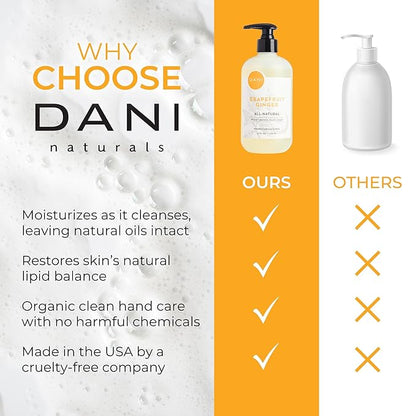 DANI Naturals Moisturizing Hand Soap – Grapefruit Ginger Scent, Hydrating, Sulfate-Free & Paraben-Free, 12 Oz Bottle with Pump, Gentle Cleansing for Dry Skin