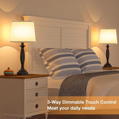 Grey Lamps for Bedrooms Set of 2 - Touch Control Bedside Lamp with USB C+A, 3 Way Dimmable Nightstand Lamps with USB Port, Table Lamp for Living Room(Grey Shade and Black Base)