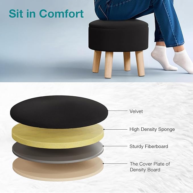Poofzy Small Ottoman with Storage, Small Foot Stool Ottoman with Wood Legs, Velvet Foot Rest for Couch, Living Room and Bedroom - Black