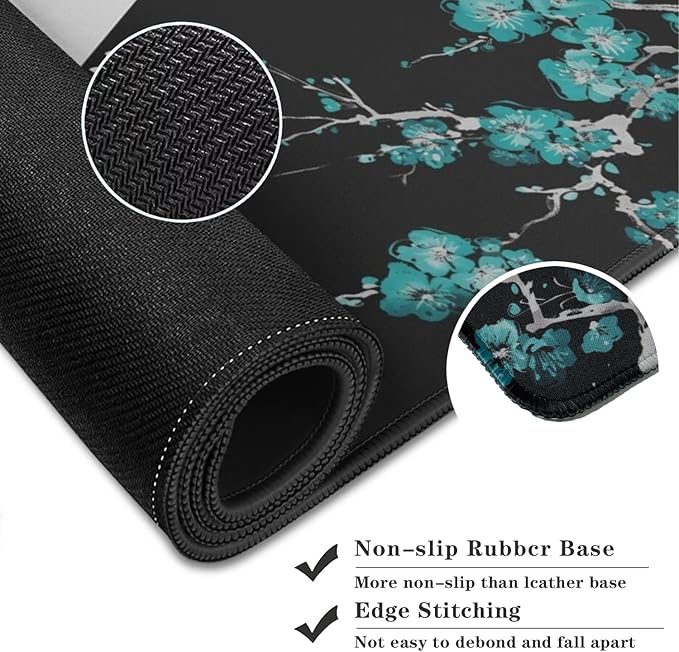 Cherry Blossoms Patterns Desk Mat, Large Gaming Mouse Pad Non-Slip Rubber Base with Stitched Edges, Waterproof Protection for PC Laptop Home Office Desk Decor (35.4x15.7in)