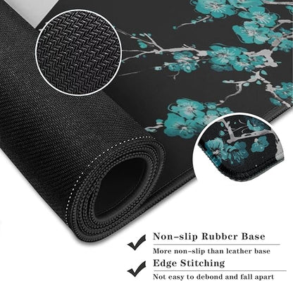 Cherry Blossoms Patterns Desk Mat, Large Gaming Mouse Pad Non-Slip Rubber Base with Stitched Edges, Waterproof Protection for PC Laptop Home Office Desk Decor (31.5x11.8in)