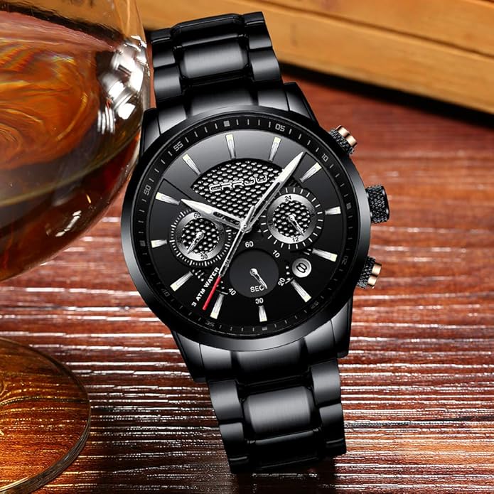 CRRJU Men's Business Casual Chronograph Quartz Waterproof Wristwatch Black Leather Strap