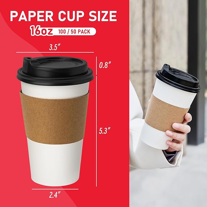 16 oz 100 Pack Coffee Cups with Lids and Sleeves, Hot Paper Coffee Cups with Lids, Disposable To Go Cups with Lid for Coffee, Tea, Hot Chocolate, Ideal for Cafes, Offices and Travel