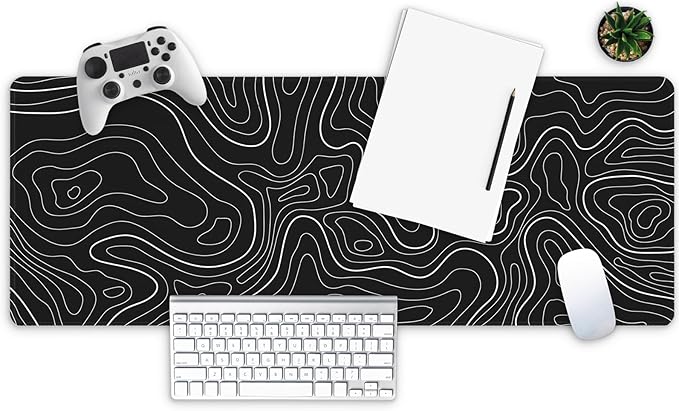 MAY FLOWER Large Gaming Mouse Pad, Full Keyboard Mat, Long Laptop Mousepad, Computer Mouse Mat for Home and Office, Anti-Slip Rubber Base, 31.5 x 11.8 Inches (Black Topographic Map)