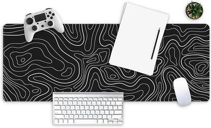 MAY FLOWER Large Gaming Mouse Pad, Full Keyboard Mat, Long Laptop Mousepad, Computer Mouse Mat for Home and Office, Anti-Slip Rubber Base, 31.5 x 11.8 Inches (Black Topographic Map)