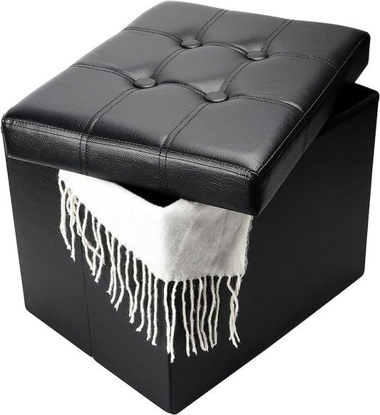 Storage Ottoman, Folding Foot Stool with Thicker Foam Padded Seat Small Leather Storage Ottoman Bench Foot Rest for Living Room Foldable Coffee Table 17x13x13in,Black