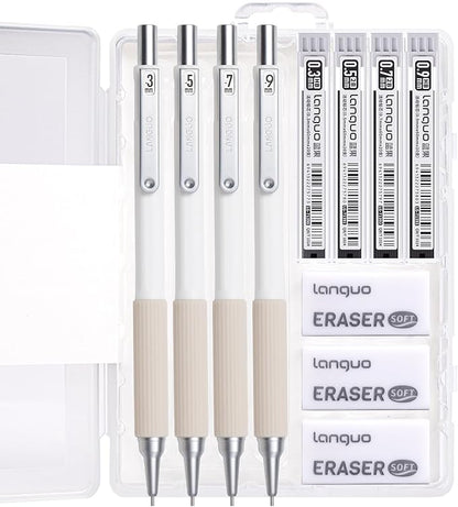 Mechanical Pencil Set with Case, 4PCS 0.3/0.5/0.7/0.9mm Art Mechanical Pencils + 4 Tubes Lead Refills (0.3/0.5/0.7/0.9mm) + 3PCS Erasers + 1PCS Case, Drawing Mechanical Pencils for Writing, Sketching