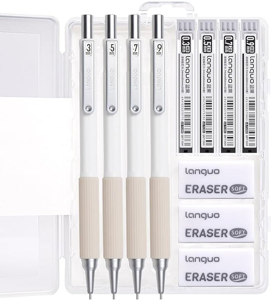 Mechanical Pencil Set with Case, 4PCS 0.3/0.5/0.7/0.9mm Art Mechanical Pencils + 4 Tubes Lead Refills (0.3/0.5/0.7/0.9mm) + 3PCS Erasers + 1PCS Case, Drawing Mechanical Pencils for Writing, Sketching