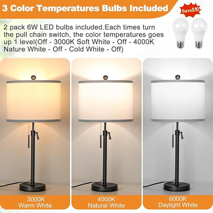 Black Table Lamps for Bedrooms Set of 2: 22" to 30" Height Adjustable Nightstand Lamps with White Linen Shade | Pull Chain Switch | Metal Base 丨3 Color Temperatures Included Beside Lamp (Black)