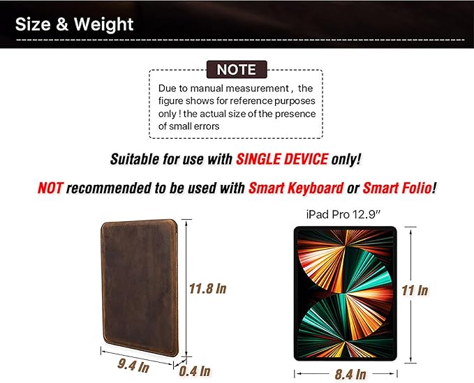 Top Grain Leather 12.9" Tablet Sleeve Slim Protector, Vintage Design, Fully Handmade, Compatible with 12.9" iPad Pro 3/4/5/6 Gen, Fits A2233 A2069 A2378 A2379 A2461 A2462, Coffee 12.9 Inch