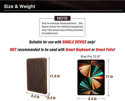 Top Grain Leather 12.9" Tablet Sleeve Slim Protector, Vintage Design, Fully Handmade, Compatible with 12.9" iPad Pro 3/4/5/6 Gen, Fits A2233 A2069 A2378 A2379 A2461 A2462, Coffee 12.9 Inch