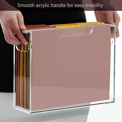 DINGHUO Acrylic File Organizer Box Letter Size Hanging File Organizer, Clear Folder Holder Portable File Box with Handle, Storage Filing Organizer for Desk, Office, School - 1 Pack