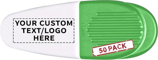 50 Magnetic Memo Holders Set - Customizable Text, Logo - Large Clip, Plastic - White Green