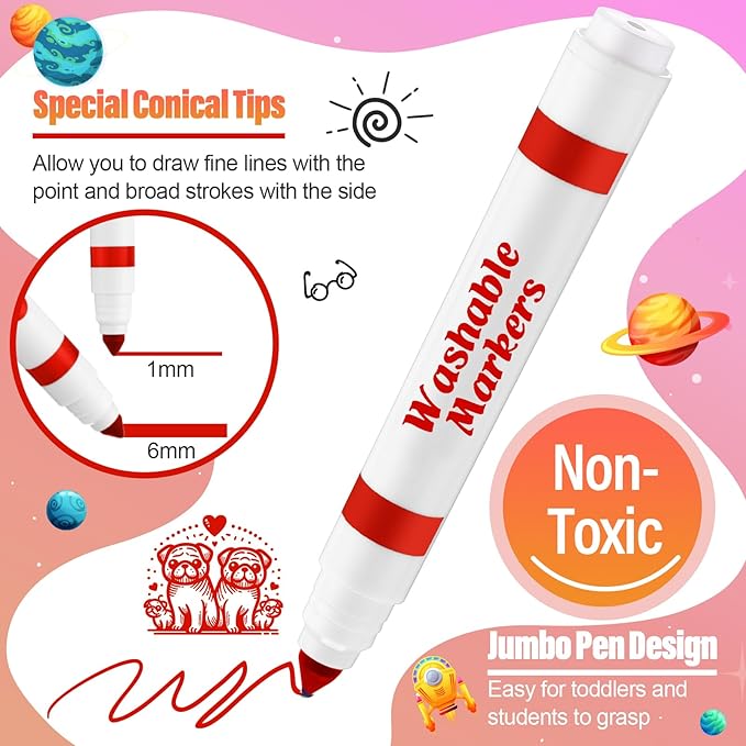 Janlaugh 24 Pcs Washable Markers Bulk Broad Line Markers Coloring Conical Tip Large pens for art projects, Teachers, Party Favors, Donations(Red)