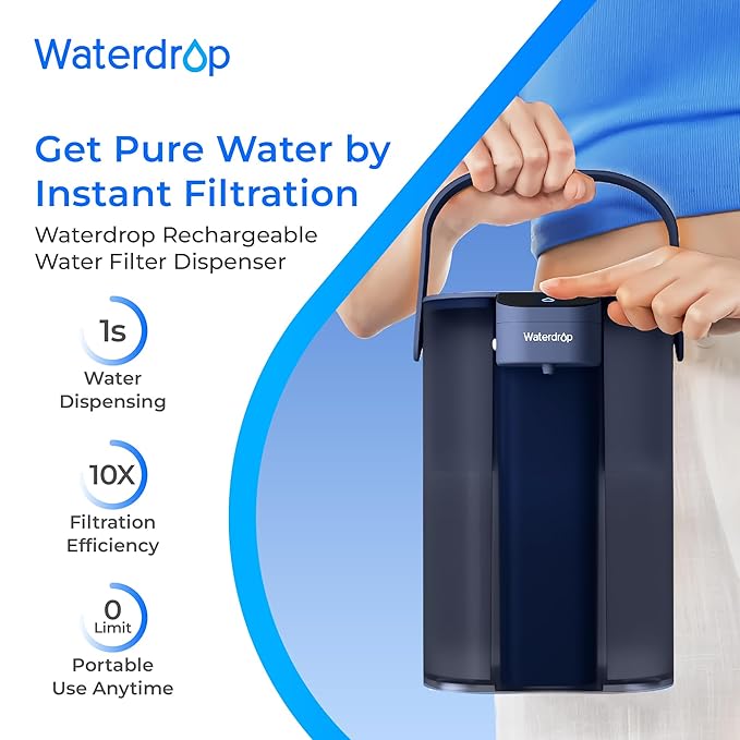 Waterdrop Electric Water Filter Pitcher, Rechargeable Water Dispenser, Instant 200-Gallon 15-Cup Countertop System, NSF/ANSI 401&53&42&372, Reduce PFAS, Lead, Chlorine, Blue, Does not Lower TDS