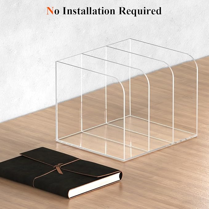 Acrylic File Organizer for Desk, Clear Magazine File Holder Sorter with 3 Vertical Compartments Rack, Desk Organizer Office Supplies Stand Bookshelf - 8.46" W x 7.2" D x 6.5" H