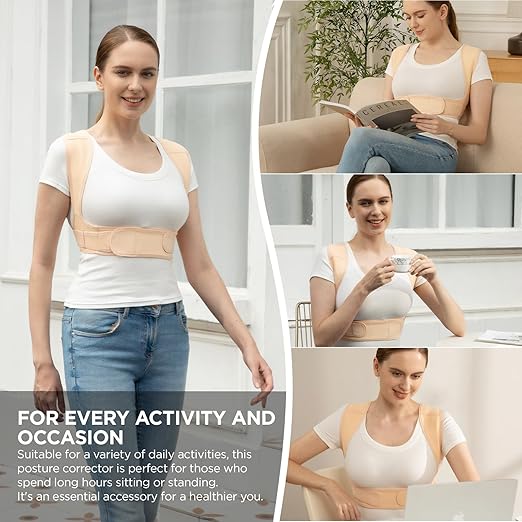 Vicorrect Posture Corrector for Women and Men, Adjustable Upper Back Brace for Clavicle Support and Providing Pain Relief from Neck, Shoulder, and Upper Back (Beige, Small/Medium)