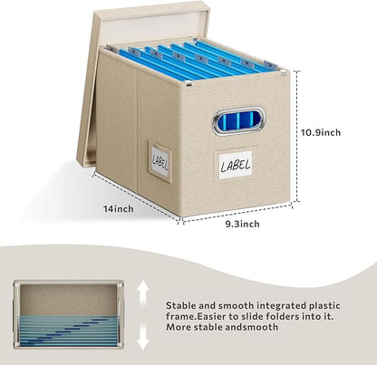 File Organizer Box with Lid - Set of 2 Portable Hanging filebox, Collapsible Linen Decorative Filing Storage Boxes for Office & Home File Cabinet (Beige 14 x 9.3 x 10.9 inch)