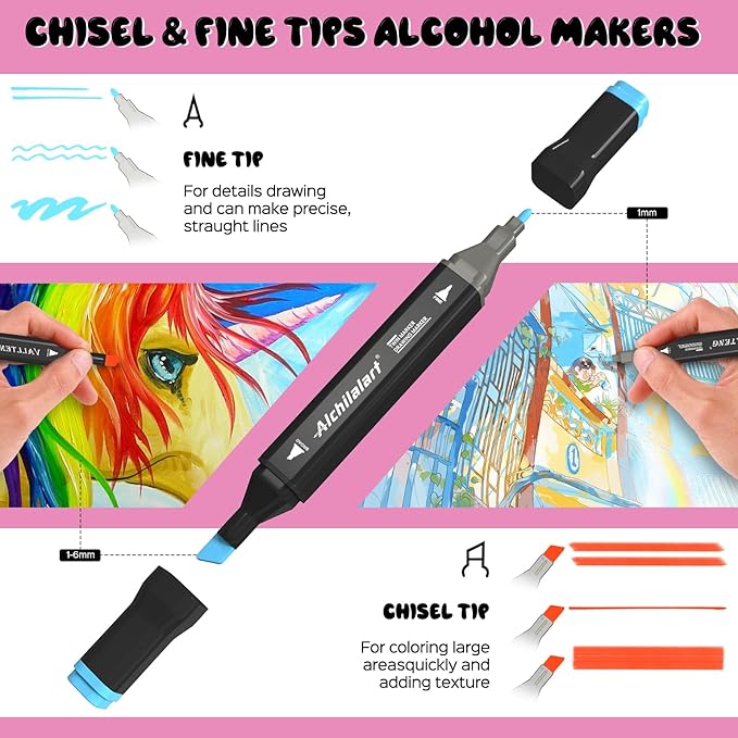 alchilalart 80 Colors Alcohol Markers Set - Dual-Tip Art Markers for Sketching, Animation, Blending - Professional Art Supplies for Artists, Designers, Adults