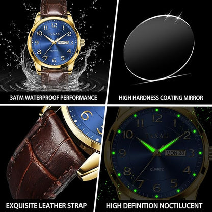 Men's Watch Big Face Easy Read Arabic Numeral Dress Watches for Men Classic Black Brown Leather Band Analog Mens Wrist Watch with Day and Date Fashion Business Waterproof Luminous Quartz Watch