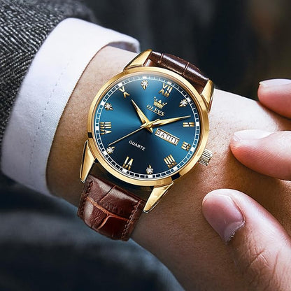 Men's Casual Leather Watch, Easy to Read Three-Hand Analog Stainless Steel Watches for Men, Minimalist Day Date Waterproof Luminous Mens Quartz Wristwatch