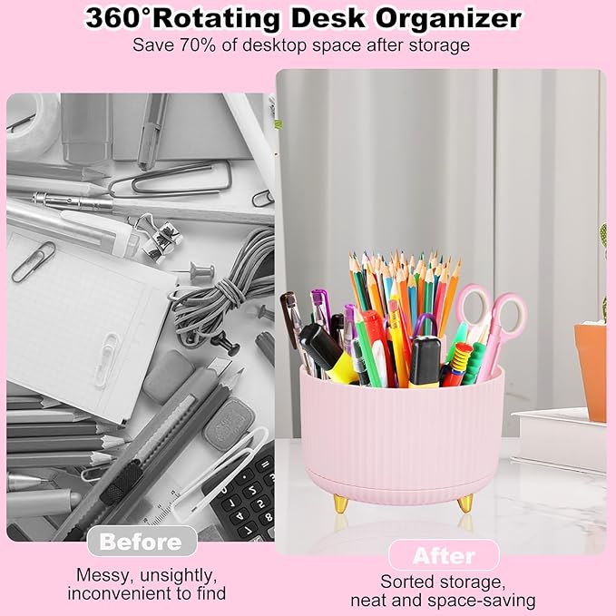 Desk Organizers and Accessories Set with 360-Degree Rotating Pen Holder, Tape Dispenser, Stapler, Staple Remover, 1000 Staples, Tape, Clips Set, Ruler, Scissor, Pen (Pink, 10 Pcs Set)