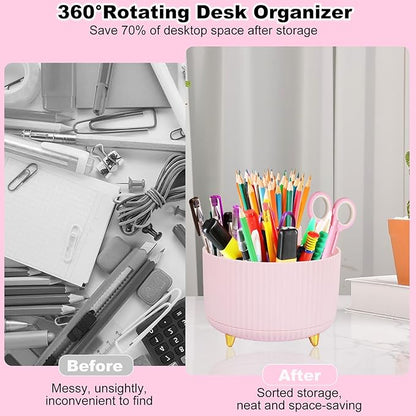 Desk Organizers and Accessories Set with 360-Degree Rotating Pen Holder, Tape Dispenser, Stapler, Staple Remover, 1000 Staples, Tape, Clips Set, Ruler, Scissor, Pen (Pink, 10 Pcs Set)
