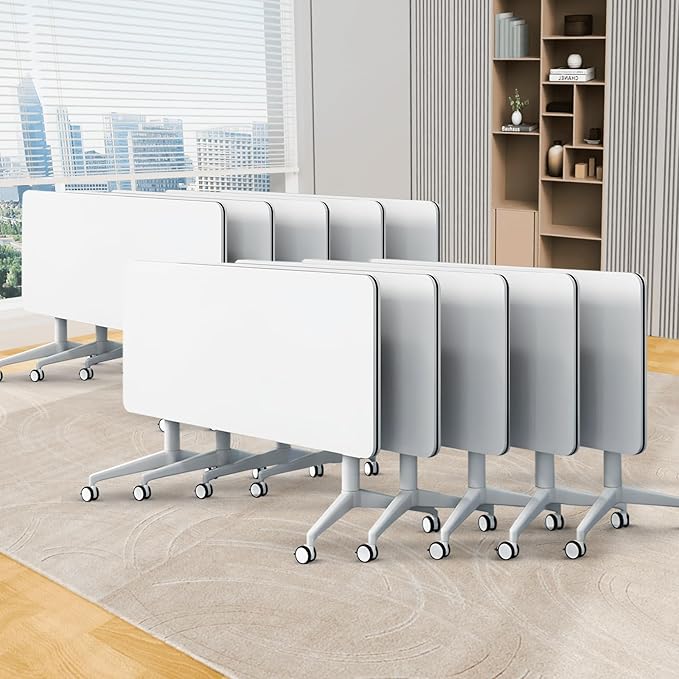 Folding Conference Table, Conference Room Tables Foldable Large Meeting Seminar Table on Wheels,Flip Top Boardroom Training Tables for Office, Classroom,Meeting (10, White, 47.2in)