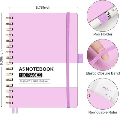 AHGXG Spiral Journal Notebook, 160 Lined Pages, A5 Medium Size (5.7'' x 8.3''), for Men & Women, Journaling, Writing, Work & Office, Hardcover, 100 GSM Thick Paper (Purple)