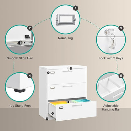 SISESOL 3 Drawer Lateral File Cabinet with Lock,White Lateral Filing Cabinet,Horizontal Metal Filing Cabinet,Locked Wide Three Drawer File Cabinet for Office Home,Fit A4/F4/Letter/Legal File