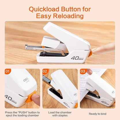 Deli Stapler, Effortless Staplers for Desk, 40 Sheet Capacity Heavy Duty, One Touch, No Effort, Easy to Load, with 2000 Staples & Staple Remover, Good for Office, Home Use, White