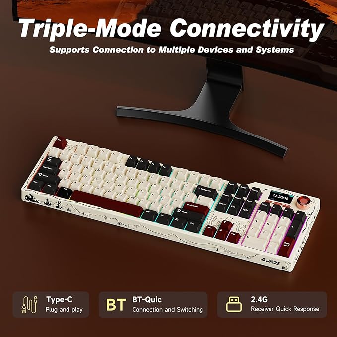 Ajazz AK35I V4 Customizable Wireless Gaming Mechanical Keyboard, Wired/Wireless 2.4G/BT, Gasket Structure, 10000mAh Battery, Full-Color RGB, 1.14-inch Color Screen, Knob, Multi-Function Keys.