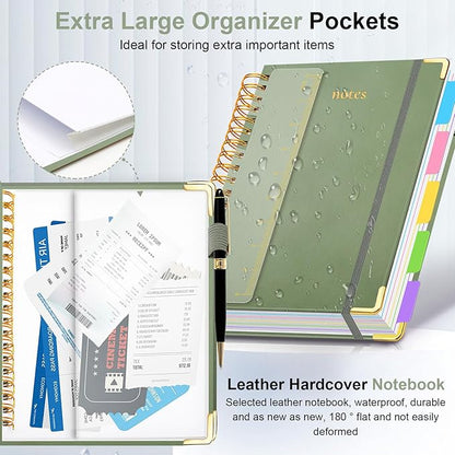 Hardcover Spiral Notebook 8"x10" Journal Notebook with Tabs and Removable Dividers 300 Pages 5 Subject Notebook College Ruled, Faux Leather Spiral Bound Notebook for Women School Work (Sage Green)