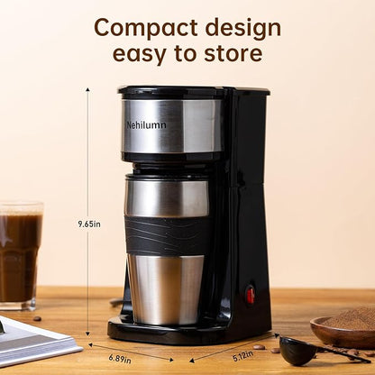 Single serve one cup drip coffee maker 14 oz,with personal travel cup,auto shut off function,Reusable Filter,Black and Silver