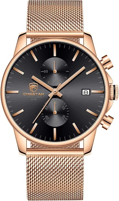 GOLDEN HOUR Mens Watch Fashion Sleek Minimalist Quartz Analog Mesh Stainless Steel Waterproof Chronograph Watches for Men with Auto Date
