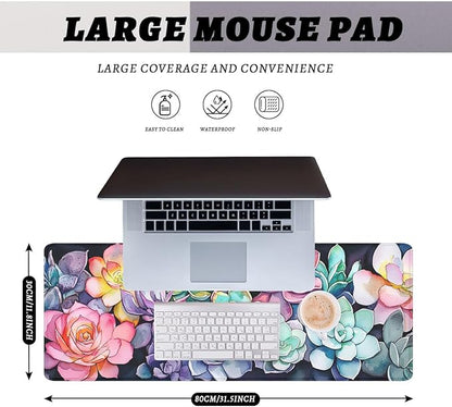 Succulent Plants Desk Pad Mouse Pad Colorful Floral Botanical Art Extended Gaming Mouse Pad Mat with Stitched Edge Non-Slip Base Big Mousepad 31.5"x11.8"