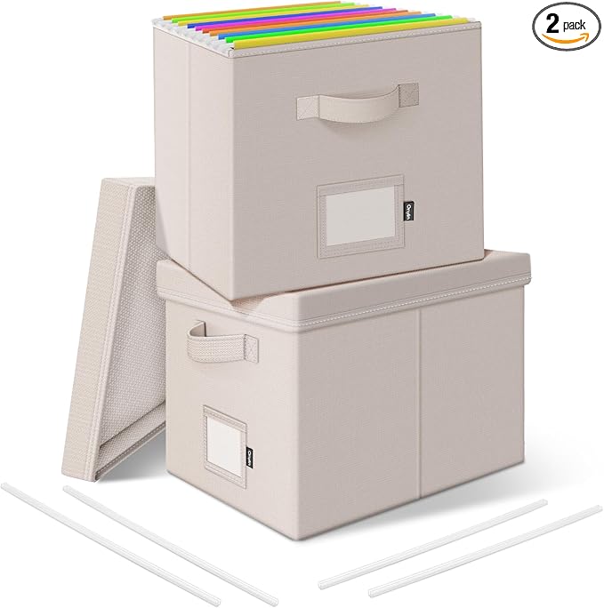File Organizer Boxes with Lid, Linen Hanging File Storage Boxes with Handle, Collapsible Document Filling Boxes for Letter/Legal Folder, Portable File Box for Office/Decor/Home (2 Pack, Ivory)
