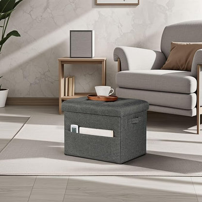 Storage Ottoman Foot Rest, Folding Linen Cotton Ottoman with Storage with Side Pockets and Handle, Foot Stool for Lounge, Study Corner, Home Office, 17x17x13 Inches, Dark Gray