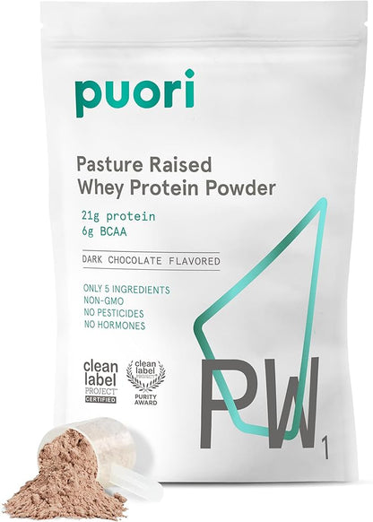 Puori Whey Protein Powder, Dark Chocolate - PW1 Pasture-Raised, Grass-Fed Whey Protein Powder Drink Mix containing BCAA Amino Acids - Post-Workout Supplement for Muscle Gain & Recovery - 30 Servings