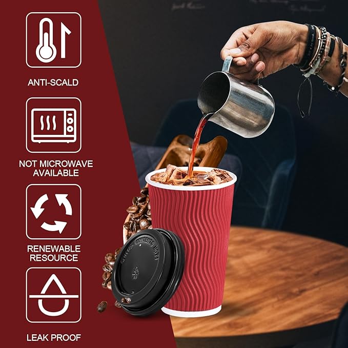 Lamosi 16 oz Red To go Coffee Cups with Lids 50 Pack, Disposable Coffee Cups, Paper Hot Cup with Lid for Party and Reception - Red