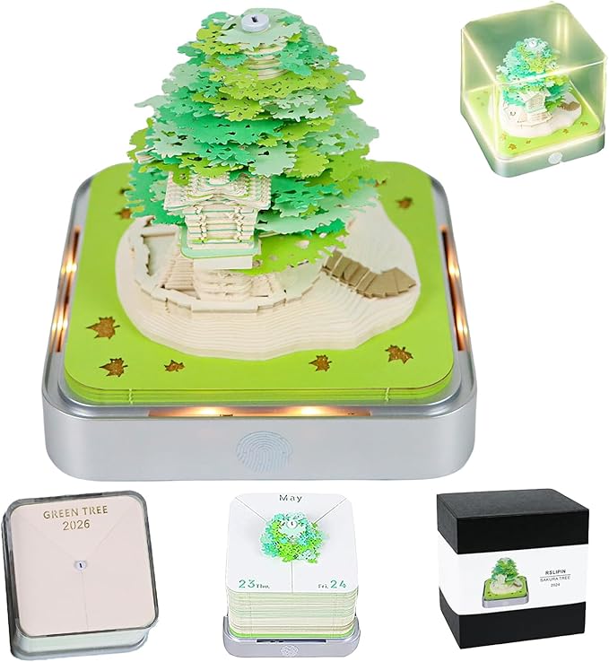 3D Memo Pad 2026 Time Piece Calendar Desk Calendar Tear Away Notepad with Lights DIY Art Carving Sticky Notes Artwork Gift for Thanksgiving Christmas Office Desktop Decoration-Green Treehouse