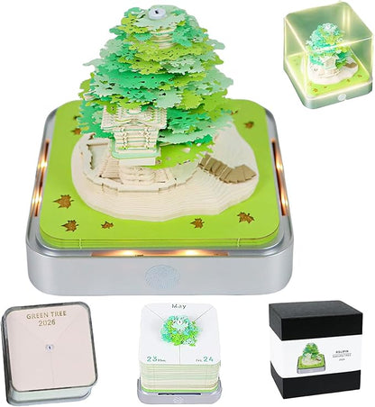 3D Memo Pad 2026 Time Piece Calendar Desk Calendar Tear Away Notepad with Lights DIY Art Carving Sticky Notes Artwork Gift for Thanksgiving Christmas Office Desktop Decoration-Green Treehouse