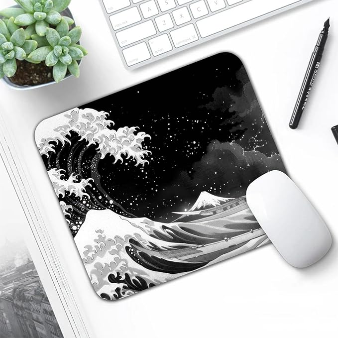 Black Wave of Kanagawa Patterns Desk Mat, Large Gaming Mouse Pad Non-Slip Rubber Base with Stitched Edges, Waterproof Protection for PC Laptop Home Office Desk Decor (8x9in)