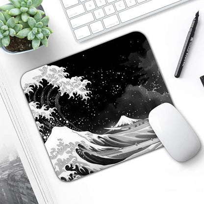 Black Wave of Kanagawa Patterns Desk Mat, Large Gaming Mouse Pad Non-Slip Rubber Base with Stitched Edges, Waterproof Protection for PC Laptop Home Office Desk Decor (8x9in)