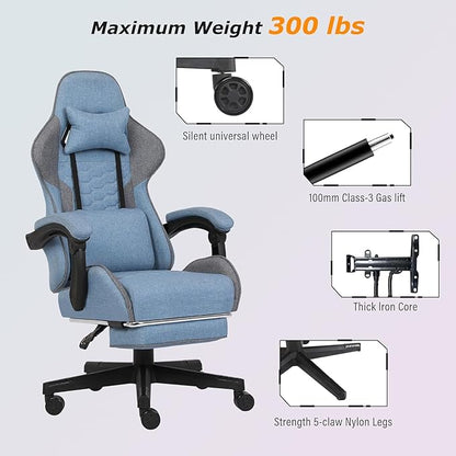 Gaming Chair, Computer Office Chair with Footrest, Linkage Armrests and Lumbar Support, High Back Ergonomic Gamer Chairs for Adults, Blue Fabric