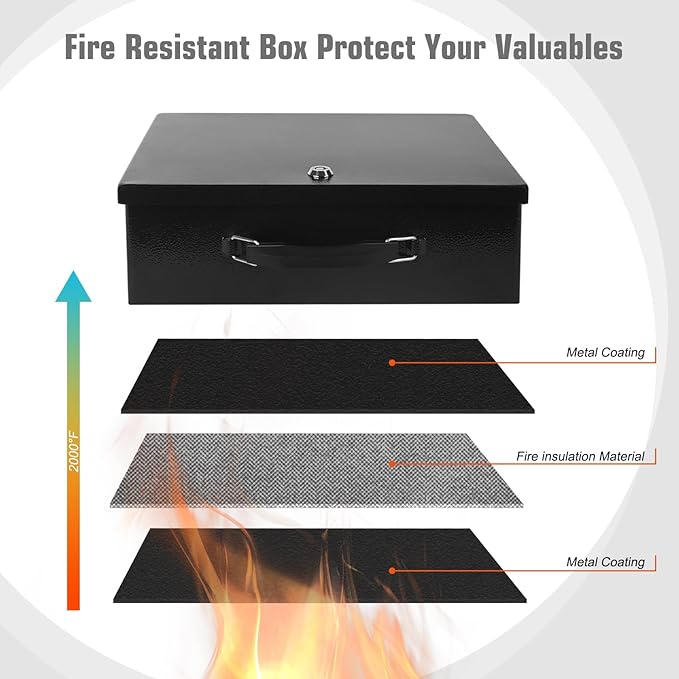 Fireproof Document Box,X Large Fire Resistant Safe Box with Key Lock for Home, Portable Fireproof Lock Box for Personal Items, Passport, Cash, Tablet, Exterior 13.2" x 11" x 4.13"
