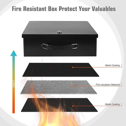 Fireproof Document Box,X Large Fire Resistant Safe Box with Key Lock for Home, Portable Fireproof Lock Box for Personal Items, Passport, Cash, Tablet, Exterior 13.2" x 11" x 4.13"