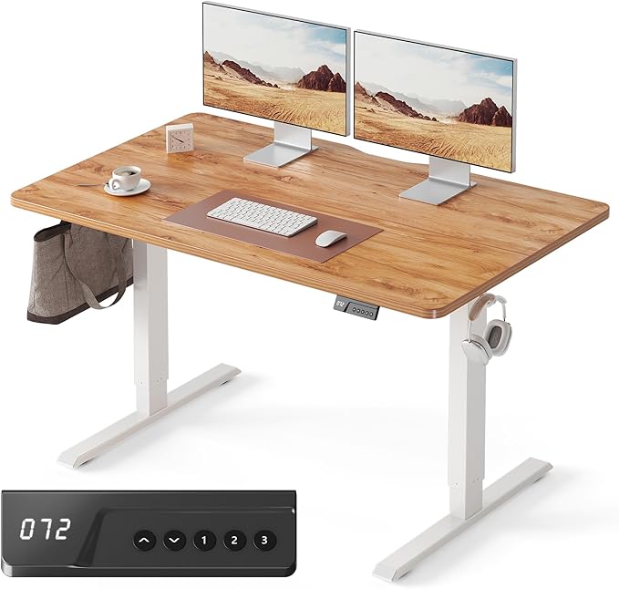 FEZIBO Standing Desk, 55×28 Inches Electric Height Adjustable, Sit Stand Up, Computer Office Desk with Splice Board, White Frame/Light Rustic TOP